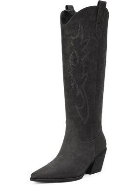 Women's Dark Gray Embroidered Knee High Block Heel Pointed Toe Cowgirl Boot